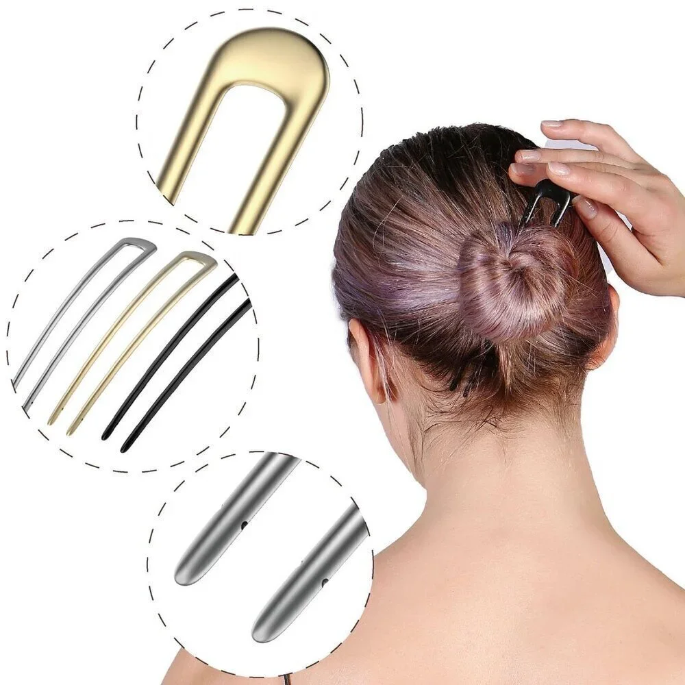 French Hair Pins Metal Hair Forks U Shaped Long Chignon 2 Prong Sticks for Women